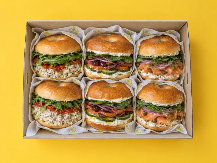 The Bagel Box from above: six filled bagels in a Kanteen catering box
