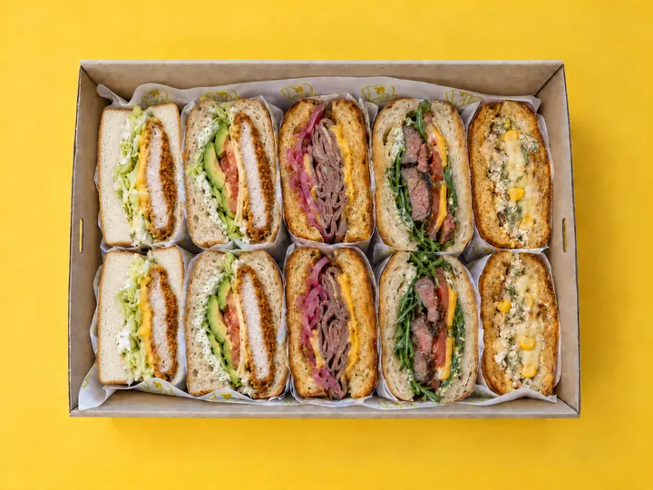 The Hot Box from above: five hot sandwiches cut in half in a Kanteen catering box