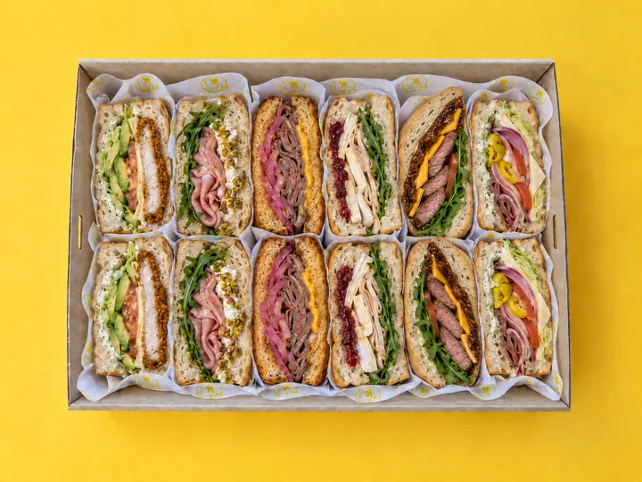 The Mixed Box from above: six sandwiches cut in half in a Kanteen catering box
