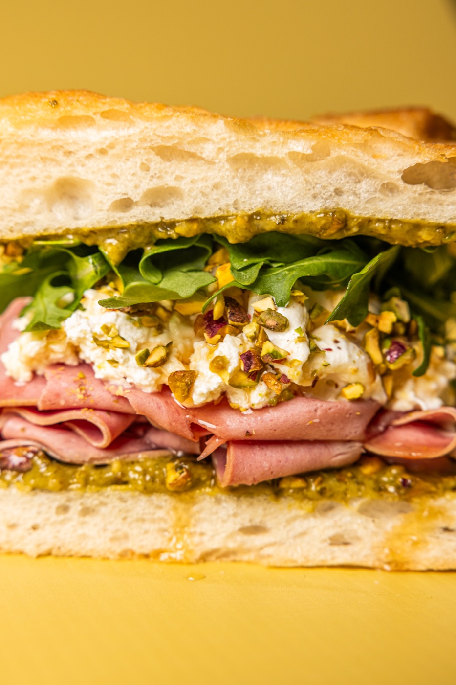 Long ham and cheese baguette up close